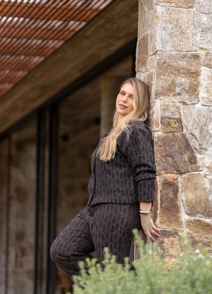Quintess - Casaco Xadrez Marrom em Tweed Encorpado - QUINTESS