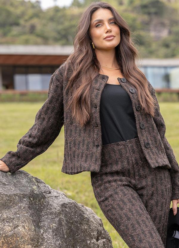 Casaco Xadrez Marrom em Tweed Encorpado