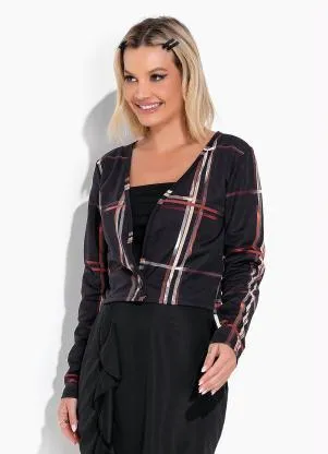 Moda Pop - Casaco Xadrez Preto com Botões e Mangas Longas - MODA POP