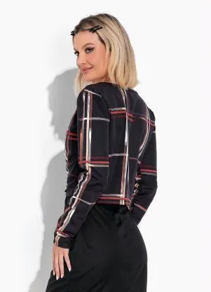Moda Pop - Casaco Xadrez Preto com Botões e Mangas Longas - MODA POP
