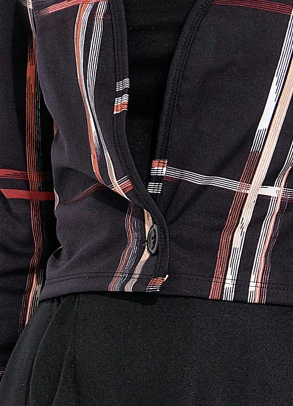 Moda Pop - Casaco Xadrez Preto com Botões e Mangas Longas 3