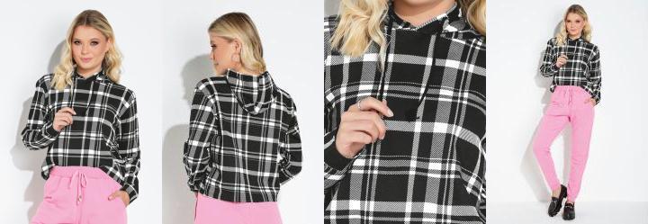 Casaco Xadrez Preto com Capuz e Cordel