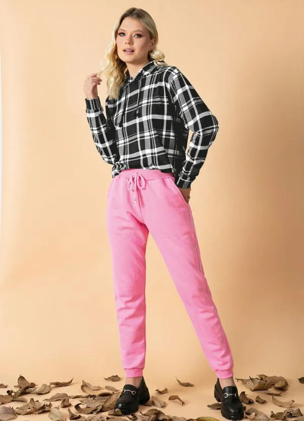 Moda Pop - Casaco Xadrez Preto com Capuz e Cordel