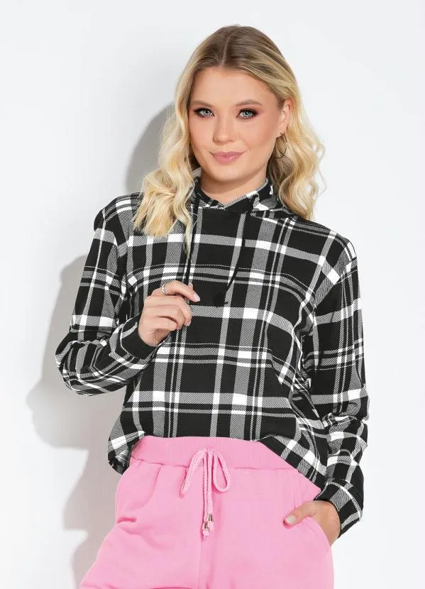 Moda Pop - Casaco Xadrez Preto com Capuz e Cordel 2