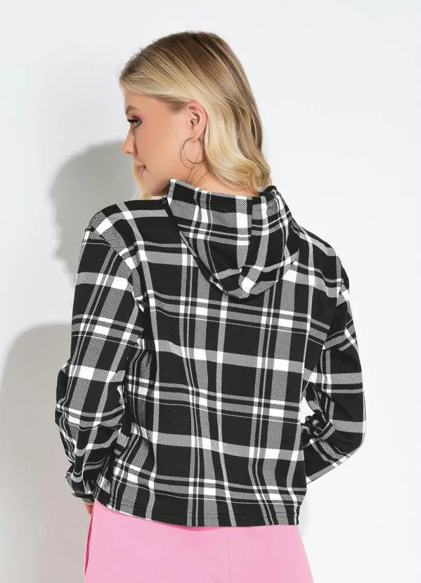 Moda Pop - Casaco Xadrez Preto com Capuz e Cordel 3