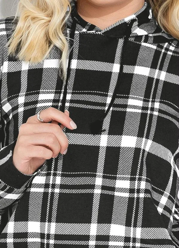 Moda Pop - Casaco Xadrez Preto com Capuz e Cordel 4