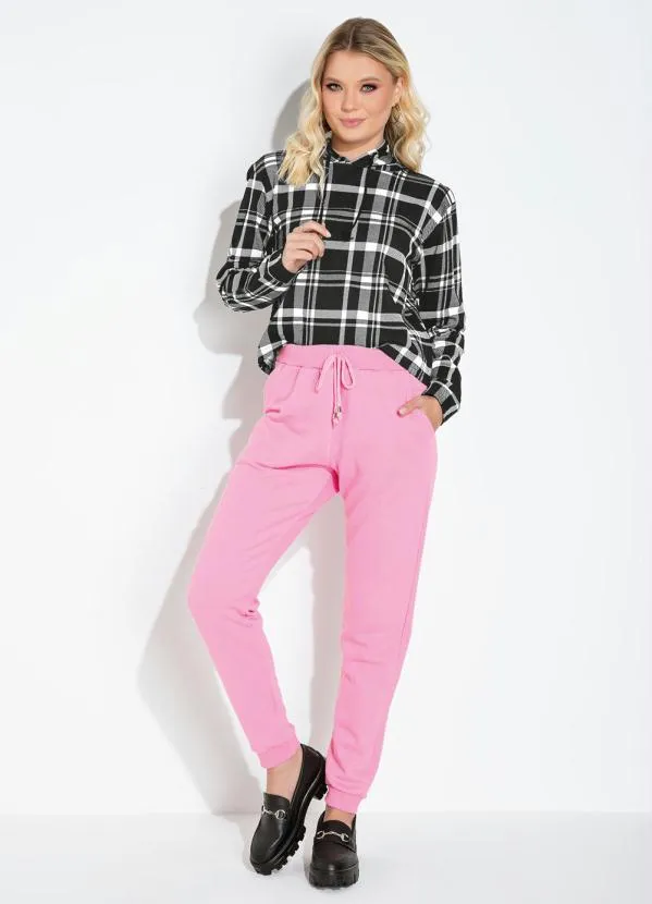 Moda Pop - Casaco Xadrez Preto com Capuz e Cordel 5