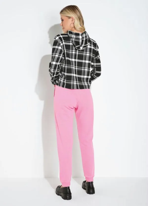 Moda Pop - Casaco Xadrez Preto com Capuz e Cordel 6