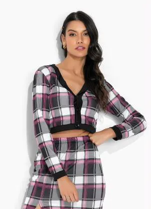 Moda Pop - Casaco Xadrez Rosa com Fechamento de Botões - MODA POP