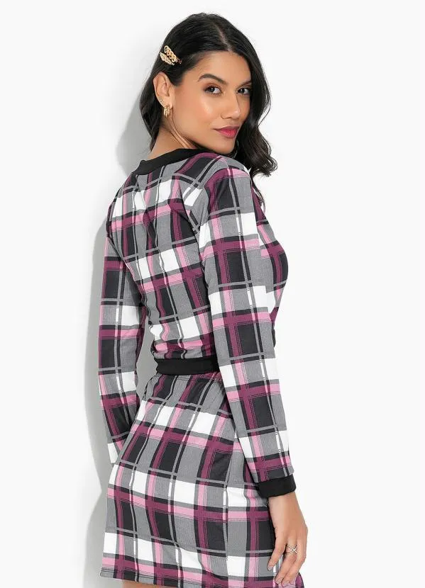 Moda Pop - Casaco Xadrez Rosa com Fechamento de Botões 2