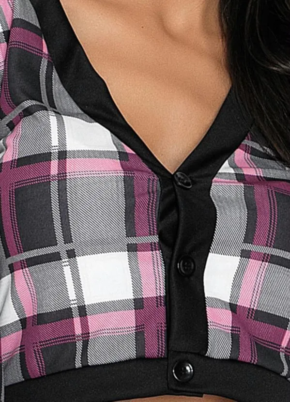 Moda Pop - Casaco Xadrez Rosa com Fechamento de Botões 3