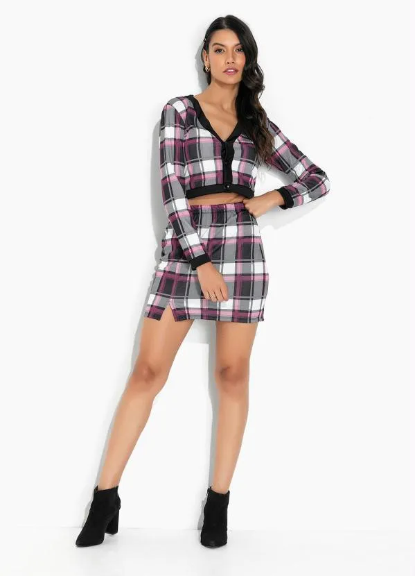 Moda Pop - Casaco Xadrez Rosa com Fechamento de Botões 4