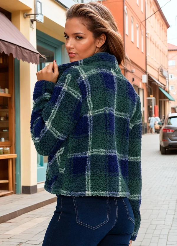 bonprix - Casaco Xadrez Verde em Malha Plush 2