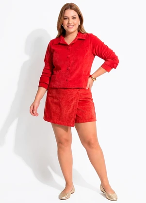 Quintess - Casaqueto Curto em Tecido Cotelê Vermelho com Botões e Martingale - QUINTESS