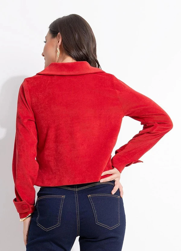 Quintess - Casaqueto Curto em Tecido Cotelê Vermelho com Botões e Martingale 6