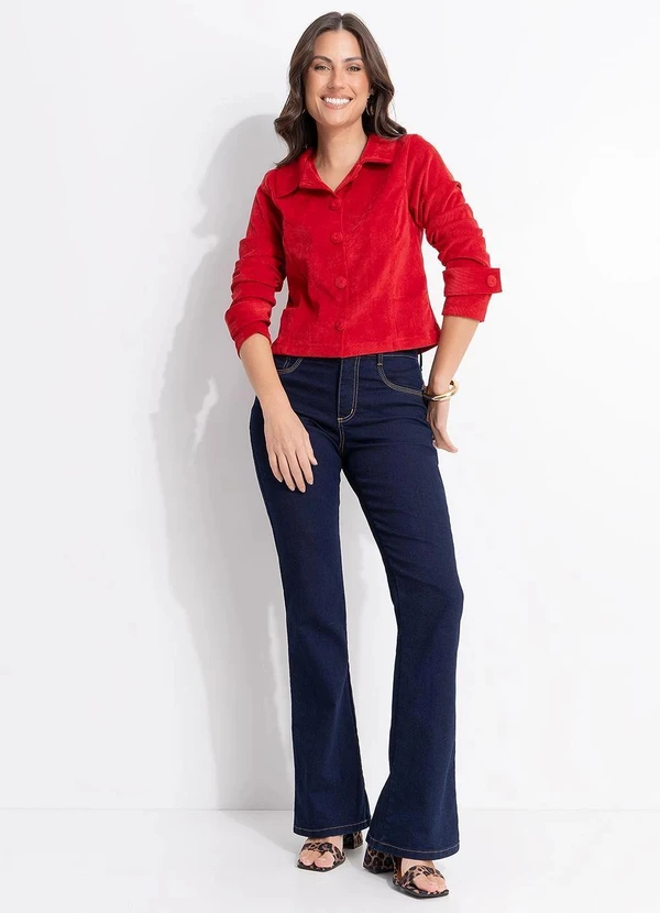 Quintess - Casaqueto Curto em Tecido Cotelê Vermelho com Botões e Martingale 5