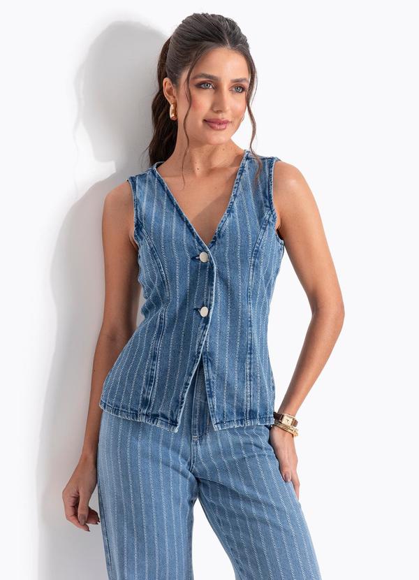 Colete Azul Claro em Jeans Maquinetado
