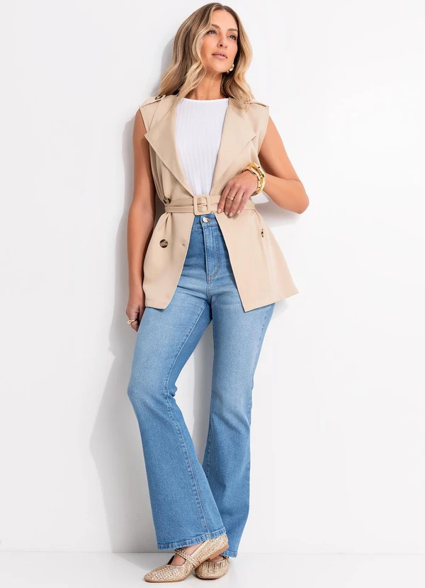 Quintess - Colete Trench Coat Bege em Crepe Plano 12