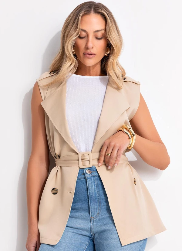 Quintess - Colete Trench Coat Bege em Crepe Plano 8