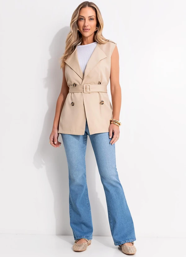 Quintess - Colete Trench Coat Bege em Crepe Plano 10