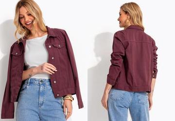 Jaqueta Jeans Vinho com Modelagem Ajustada e Bolsos Frontais