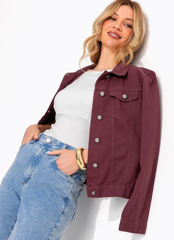 Quintess - Jaqueta Jeans Vinho com Modelagem Ajustada e Bolsos Frontais 5