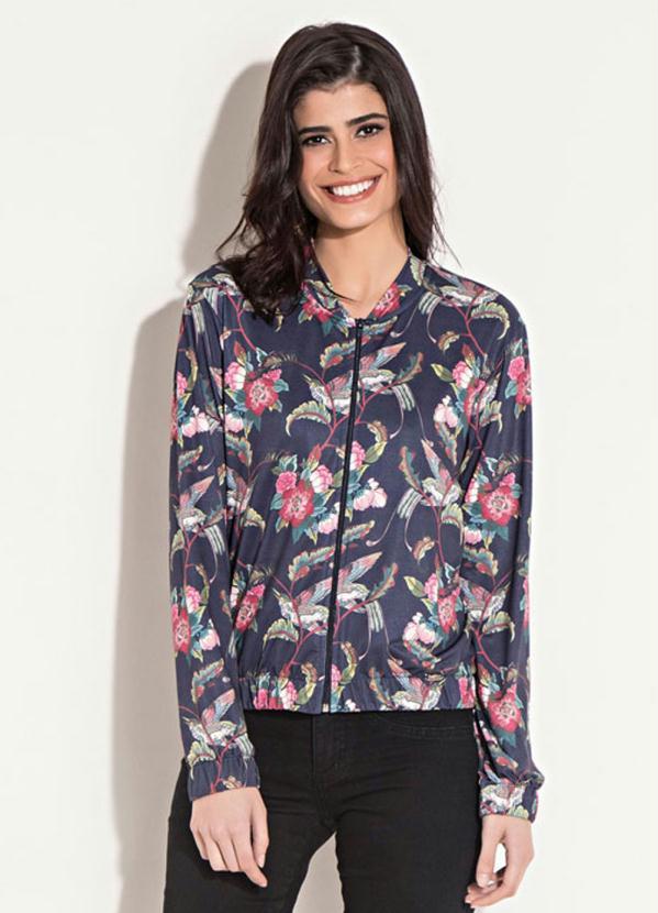 Quintess - Jaqueta Quintess Pássaros Azul com Zíper