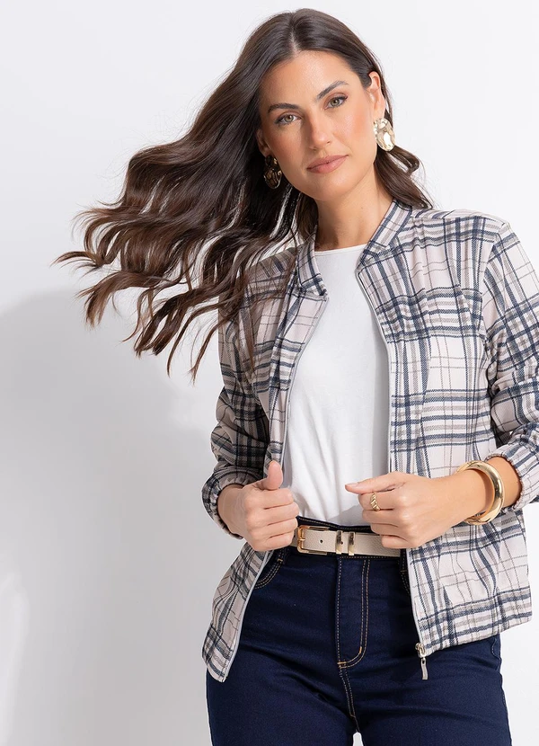 Quintess - Jaqueta Xadrez em Malha Canelada