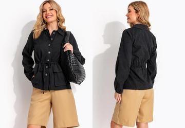 Parka Utilit�ria Preta em Nylon Suede com Ajuste na Cintura