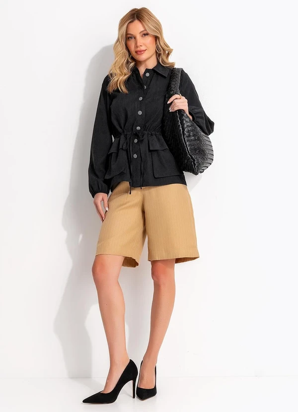 Quintess - Parka Utilitária Preta em Nylon Suede com Ajuste na Cintura 3