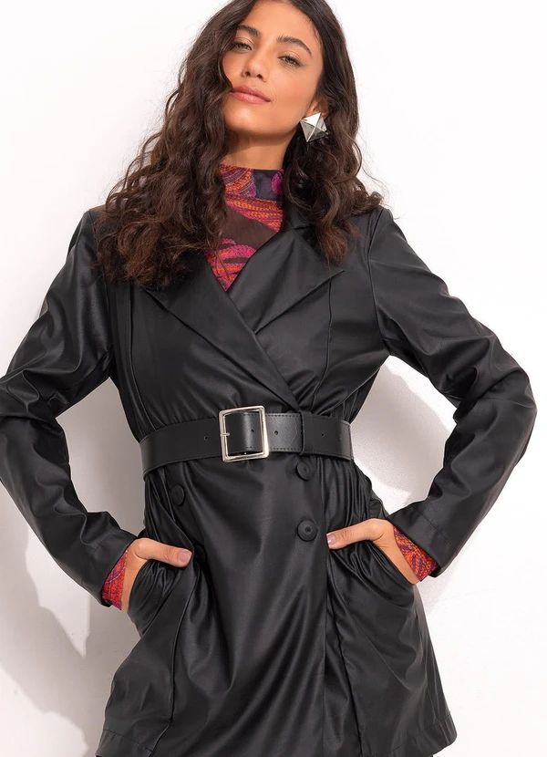 Quintess - Sobretudo Long Line Preto em Material Sintético com Cinto e Botões 8