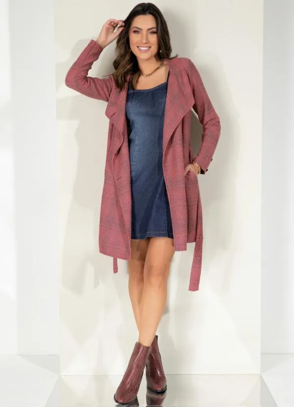 Queima Estoque - Sobretudo Vermelho em Tweed com Bolsos e Faixa 4