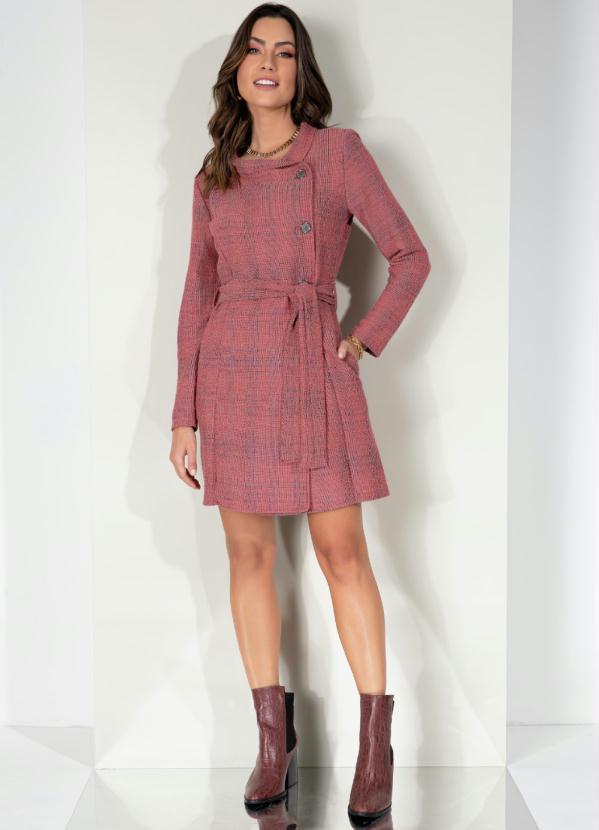 Outlet - Sobretudo Vermelho em Tweed com Bolsos e Faixa 6