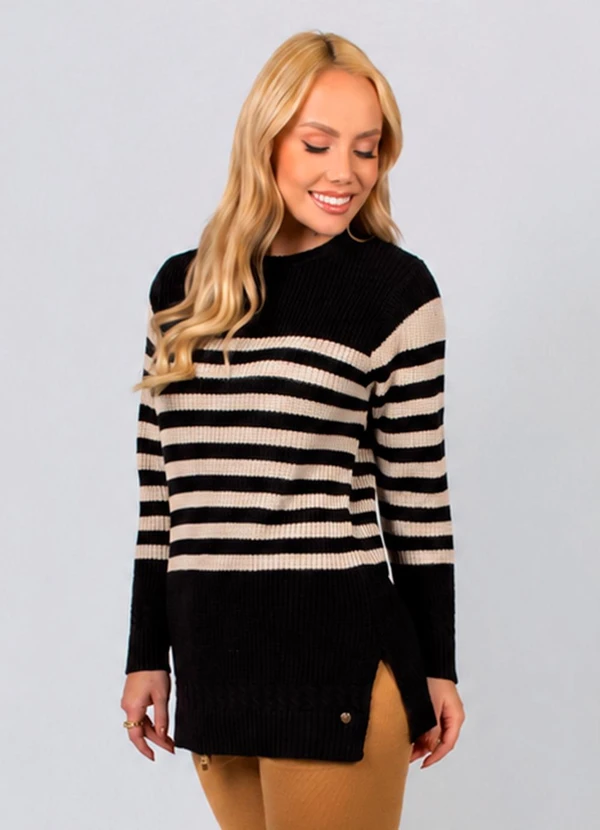 Doce Tom - Suéter Tricot Listrado Moderno Preto