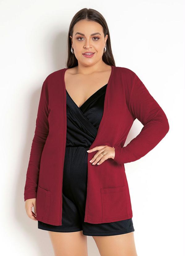 Moda Pop - Cardigan Vermelho com Bolsos Frontais 10