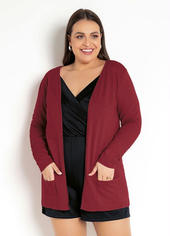 Moda Pop - Cardigan Vermelho com Bolsos Frontais 12