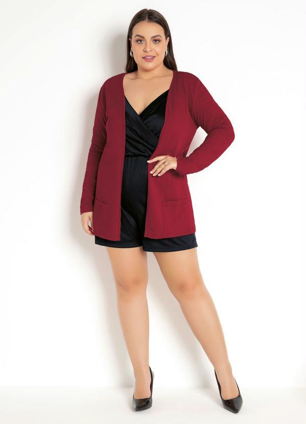 Moda Pop - Cardigan Vermelho com Bolsos Frontais 13