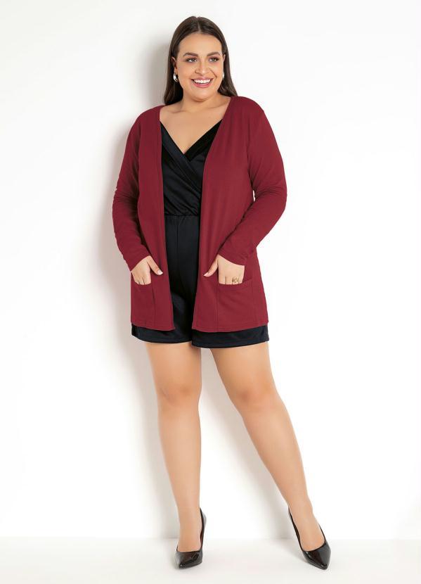 Moda Pop - Cardigan Vermelho com Bolsos Frontais 15