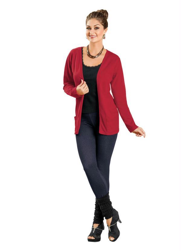 Moda Pop - Cardigan Vermelho com Bolsos Frontais 5
