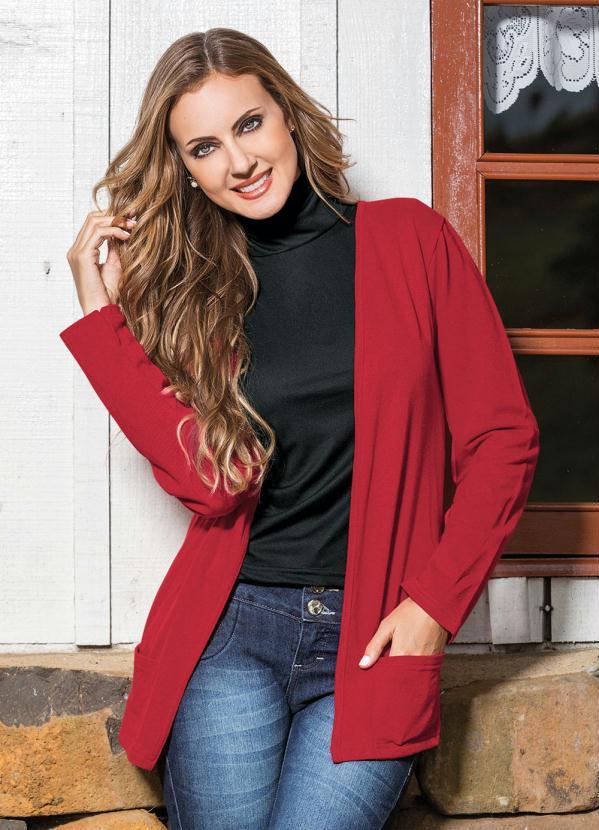 Moda Pop - Cardigan Vermelho com Bolsos Frontais 6