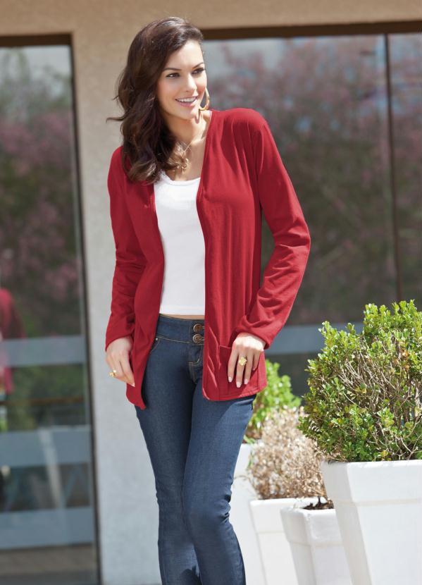 Moda Pop - Cardigan Vermelho com Bolsos Frontais 7