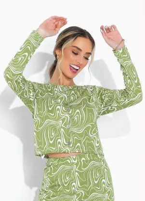 Moda Pop - Blusa Efeito Líquido Verde com Botões - MODA POP