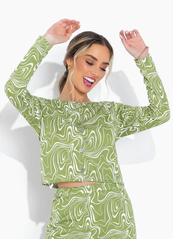 Moda Pop - Blusa Efeito Líquido Verde com Botões