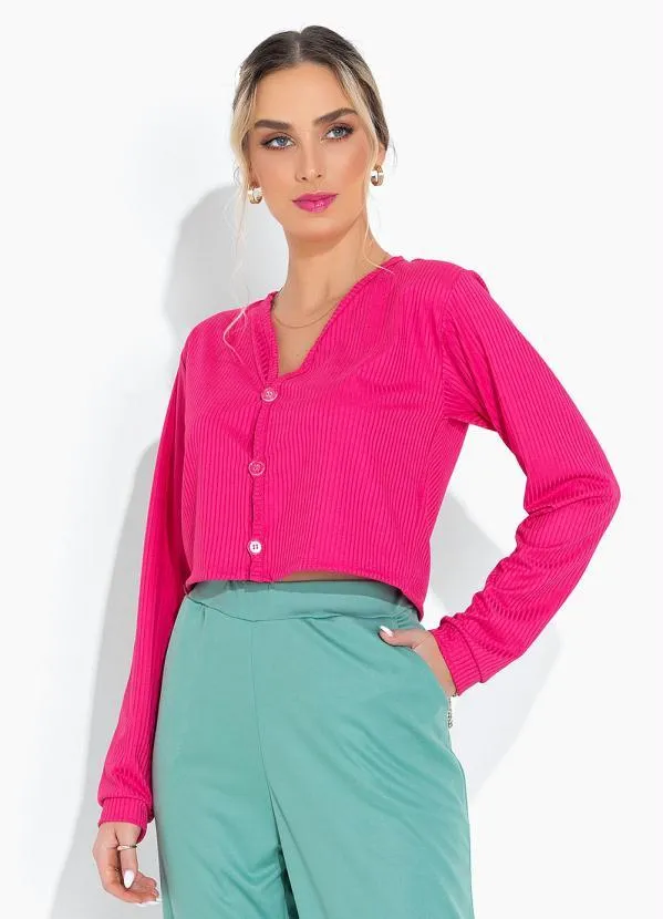 Moda Pop - Casaco Pink com Mangas Longas e Botões