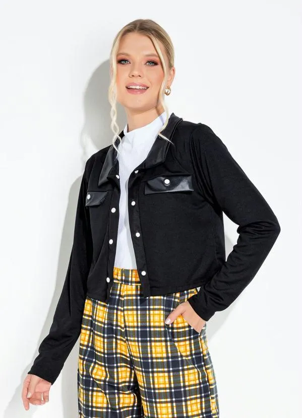 Moda Pop - Casaco Preta com Botões Funcionais