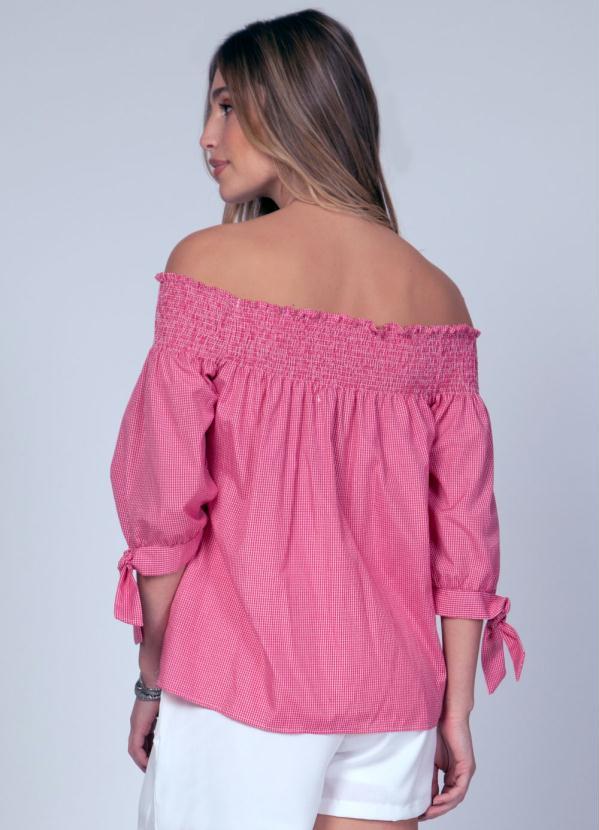 Quintess - Blusa com Detalhe para Amarrar Xadrez Rosa 2