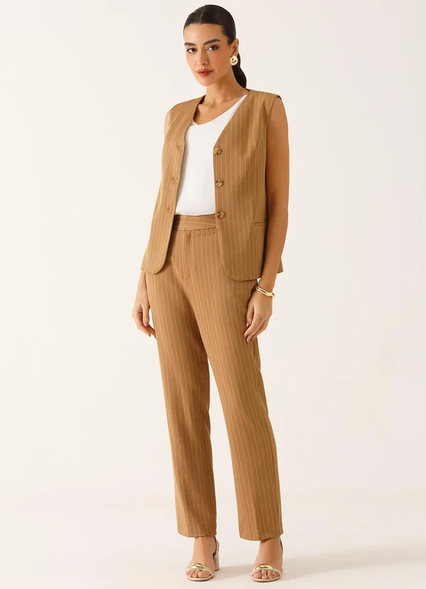 Principessa - Colete Alfaiataria Intermediário em Viscose Listrada Camel Tina 5