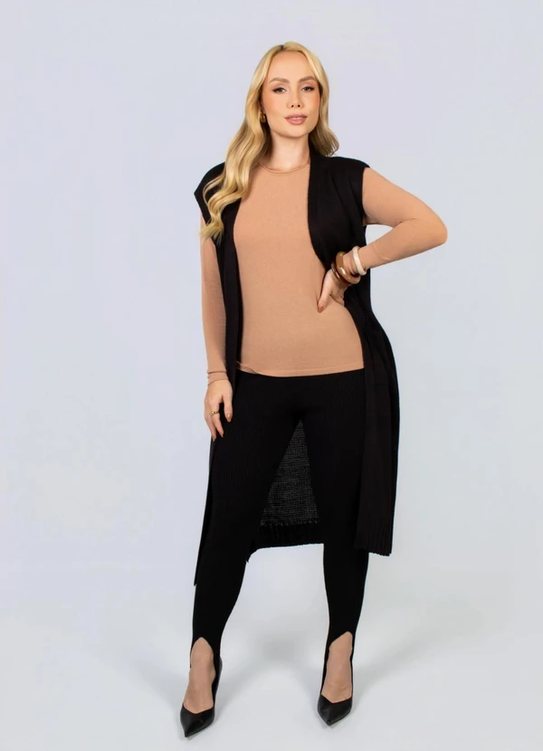 Doce Tom - Colete Alongado em Tricot com Bolsos Preto