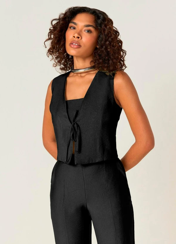 Elegance - Colete com Amarração e Top com Alças Finas Preto