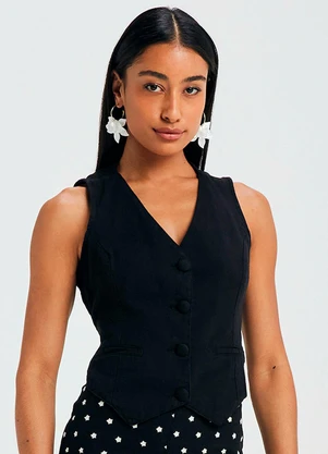 Marialícia - Colete Feminino Alfaiataria Linho Preto - MARIALÍCIA